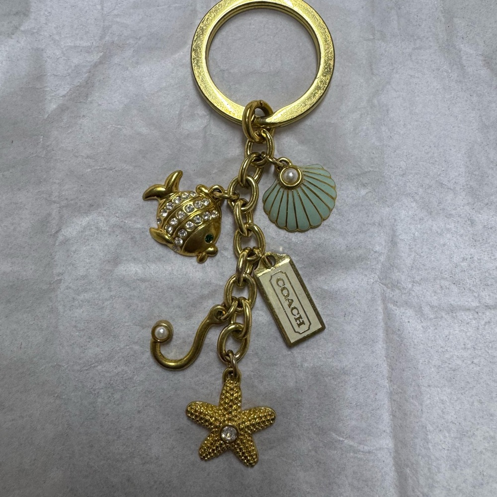 Coach Beach Ocean theme Gold Charm Keychain with shell, fish, hook and starfish